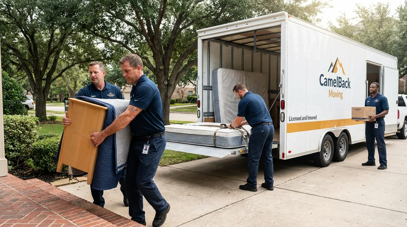 Crew loading residential truck for cross-state move from Highland, CA