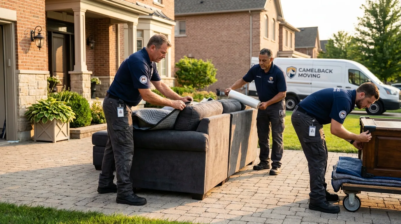 Large estate moving crew wrapping furniture in Highland, CA