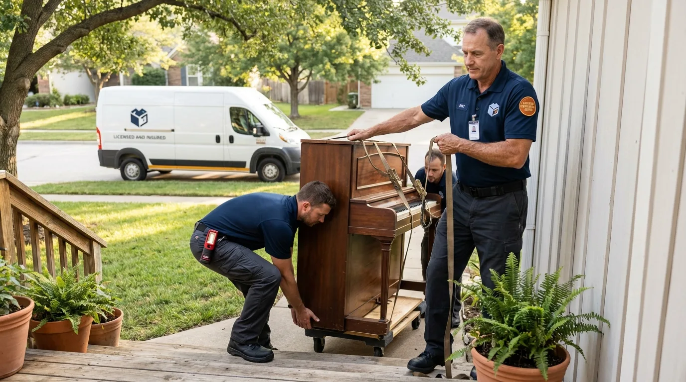 Licensed piano movers securing grand piano in Highland, CA