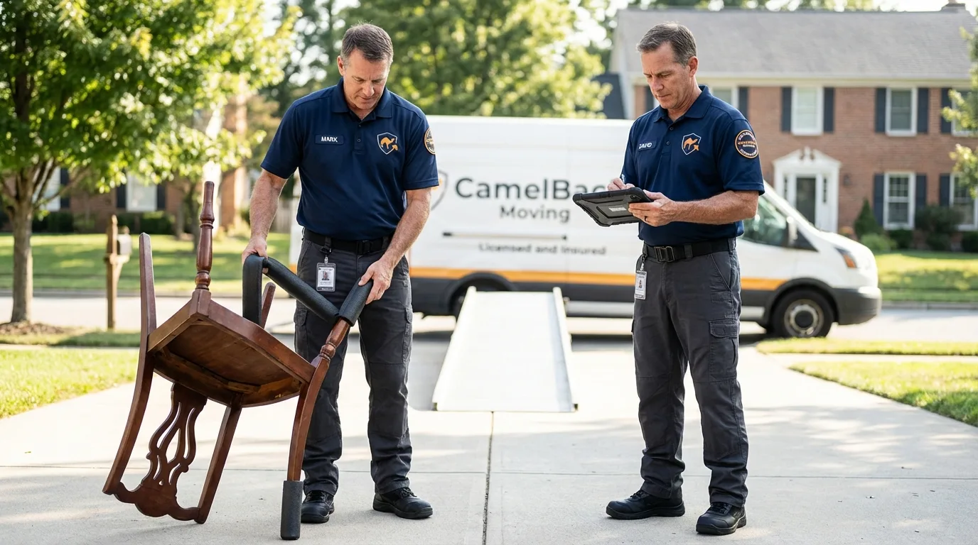 Movers inspecting furniture for damage prevention before loading in Highland, CA