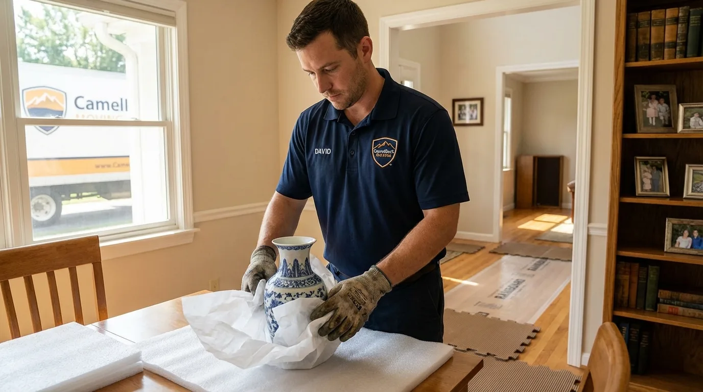 Professional crew carefully wrapping antique vase for senior downsizing move in Highland, CA