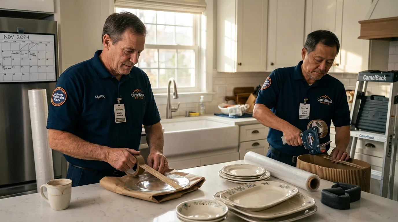 Professional crew packing kitchen dishware in Highland, CA
